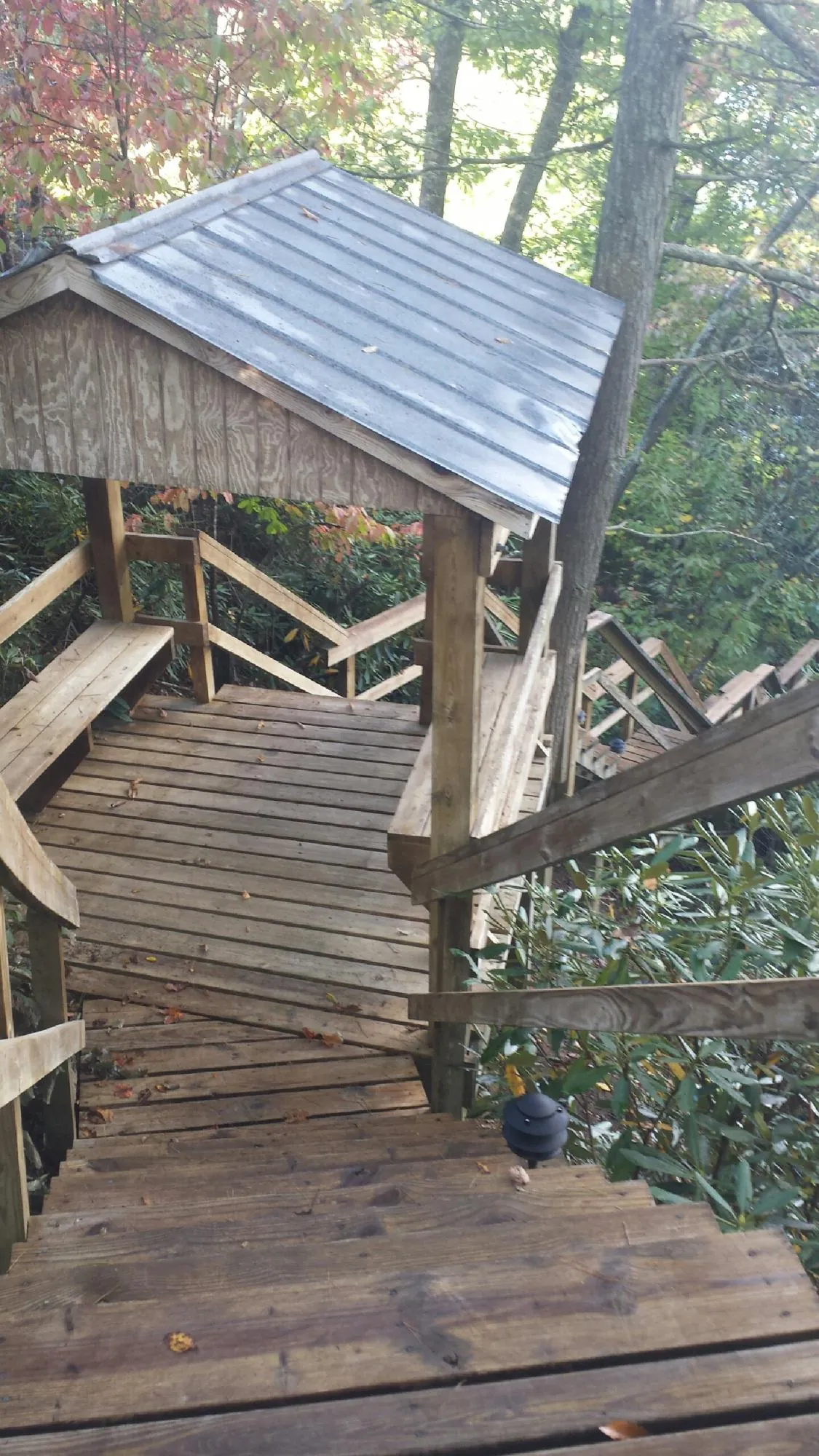 Metal roofed shelter over wooden steps on a wooded walkway — Skylight Repair & Installation work by our crew in Starlight